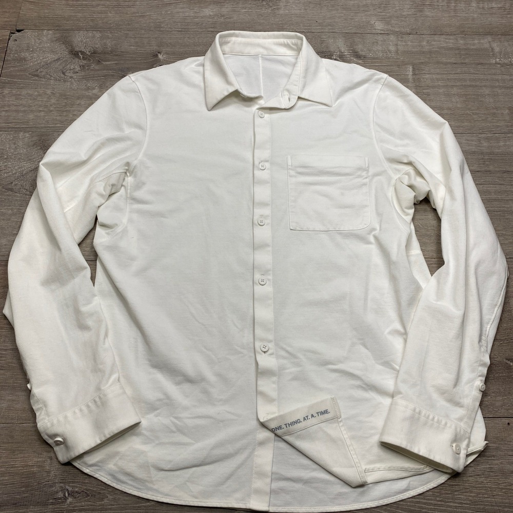 Lululemon Button Down Shirt Mens S White Pique Knit Long Sleeve Commute Top